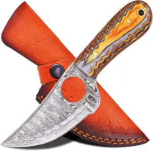 紧凑型锻造大马士革钢铝战术刀固定刀片猎刀EDC刀带骨手柄皮革护套