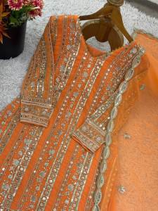 Faux Georgette With Embroidery Sequence Work With Rivet Moti Work And Lace Border Top Palazzo Dupatta Set Traditional Wear Dress - Product Image 4