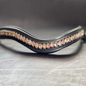 Handmade Soft Comfortable Padding & <b>Stitching</b> Empty Channel Leather Horse Brow Band Customized with Light Rose & Silk <b>Crystals</b> - Product Image 4
