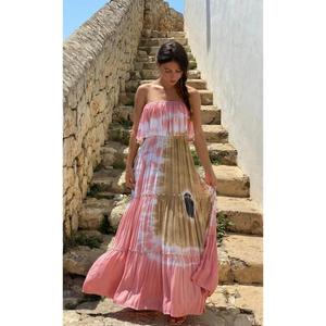 2025 plus récent été cravate teinture hors épaule longue Maxi robe ample équipée avec coquille main travail robe pour femme longue Maxi robe - Product Image 1