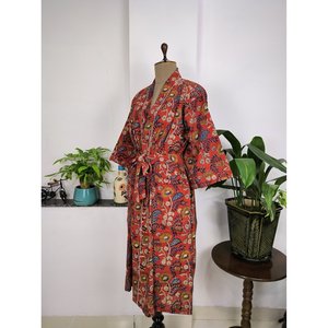 Pure Cotton Boho House <b>Robe</b> Indian Handprinted Summer Dress Maroon Yellow Floral Print Soft Bridal Maternity <b>Beach</b> Coverup for - Product Image 4