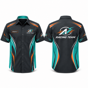 Camisa de trabajo personalizada para equipo de mecánicos, con botones, manga corta, diseño con ribetes, ropa de carreras, para verano e invierno - Product Image 3