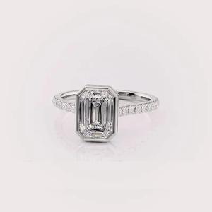 IGI Certified Emerald Cut Lab Grown Diamond Bezel Set Engagement & Wedding Ring with Pave Band in <b>Solid</b> 925 Sterling <b>Silver</b> - Product Image 2