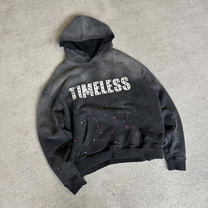 Fabricante personalizado impreso logotipo desgastado sol desteñido Vintage algodón sudaderas con capucha peso pesado ácido lavado strass Sudadera con capucha conjunto - Product Image 1