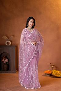 Sari de red rosa malva de lujo con bordado pesado de lentejuelas plateadas, diseño Bollywood, para bodas y fiestas indias, para mujer - Product Image 3