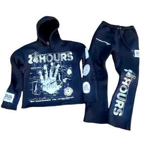 Custom Puff Printing Logo Hoodies Two Pics Set Sportswear 100% Cotton Pullover Long Sleeve Tracksuit For Men - Product Image 3