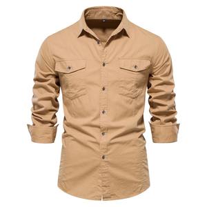 Chemise à poche pour homme en coton 100% style automne, couleur unie, coupe slim, décontractée, manches longues - Product Image 1