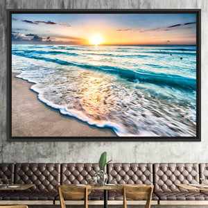 Coastal Sunrise Beach Print: Ocean Wave Canvas Artwork,BLACK <b>FRAMED</b> CANVAS - Product Image 1