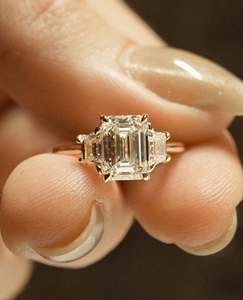 12x8mm <b>Emerald</b> Cut Moissanite Engagement <b>Ring</b> | Three Stone with Trapezoid Side Stones | Gold or <b>Silver</b> Fine Jewelry OEM - Product Image 3