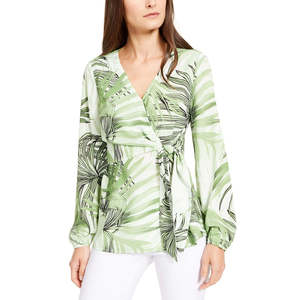 Top da donna Alfani verde a campana, taglia XS, in raso chiffon con motivo geometrico, stile formale da ufficio con fiocco e colletto alla coreana - Product Image 1