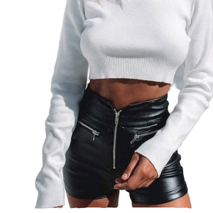 Short en cuir taille haute avec fermeture éclair et poches - Style motard - Pantalon court pour femme - Noir uni - Coupe classique - Product Image 2