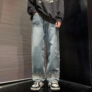 กางเกงยีนส์เอวสูงสำหรับผู้ชายกางเกงยีนส์ขาตรงเอวสูงทรงหลวมลำลองผ้าเดนิม100% - Product Image 1