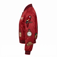 Blouson bomber court en satin pour femme, rouge vif et noir, avec patch brodé chenille bateau pirate, logo personnalisé OEM