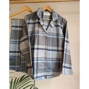 Conjunto de Franela a Cuadros Clásico para Mujer, Ecológico, de Invierno, Manga Larga, con Decoración de Botones, para Uso Diario - Product Image 1