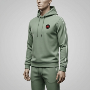 <b>Men</b> Winter Hooded Sage Green Tracksuit Set Full Zip Athletic <b>Jacket</b> Jogger Pants <b>White</b> Side Stripes Sportswear Training Gym - Product Image 4
