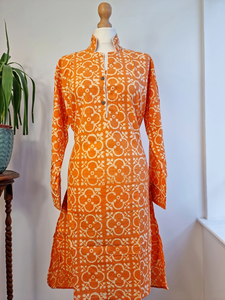 Luxe indien main bloc Orange poinçon géométrique coton tricoté femmes vêtements de nuit doux Style décontracté pour l'été et le printemps - Product Image 2