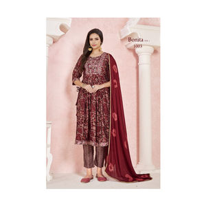 2023 Hermoso diseñador de moda Ropa étnica Seda viscosa Premium con bordado pesado Trabajo y patrón Nyra Kurti Set - Product Image 1