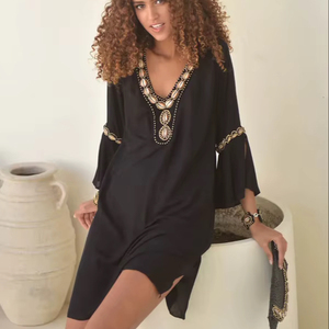 Vestido de Maternidad 2024 para Mujer, Talla Grande, Estilo Boho, Cuello en V Profundo, Manga Larga, Rayón, Adornado con Cuentas a Mano, Logotipo en la Espalda, Ecológico - Product Image 1