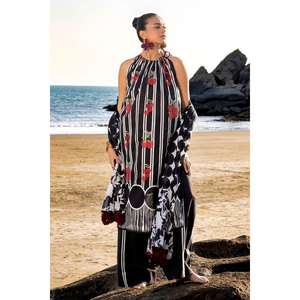 Ensemble de 3 pièces non cousues en tissu lawn pour femme, noir et blanc, qualité supérieure - Product Image 2