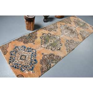 Tapis Turc Vintage Beige Bleu 3.1 X 8.7ft Laine Faite à la Main avec Peluche Pile Hauteur Forme Rectangulaire Motif Abstrait pour Chambre - Product Image 2