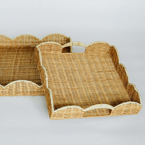 Elegant Scalloped Rattan Rectangular Tray Decorative Wicker <b>Basket</b> For Coffee Table Kitchen Tabletop Organize - Product Image 3
