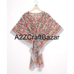 Robe kaftan mi-longue bohème sexy en coton 100% fait main, imprimé floral, col en V, manches courtes, silhouette moulante, écologique, respirante - Product Image 6