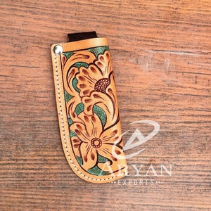 Gaine de couteau de poche pliante usinée à la main Gaine de couteau en cuir véritable floral turquoise Gaine de couteau de chasse d'équipement extérieur occidental - Product Image 1