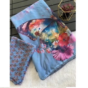 ผ้าไหมจอร์เจตต์เนื้อนุ่มเบาสบาย ดีไซน์เนอร์อินเดีย ลายพิมพ์ดิจิทัลแฟนซี คาลัมคารี ลายผีเสื้อ เหมาะสำหรับงานปาร์ตี้ฤดูหนาว - Product Image 1