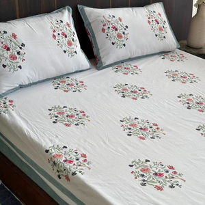 Sábanas de Algodón Percal 100% Estampadas a Mano con Diseño Floral, Tamaño Super King, Lujo Ligero, Ecológicas, Resistentes a la Decoloración, 300 Hilos - Product Image 1