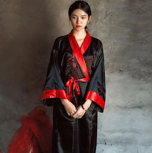 Reversible <b>Black</b> Red <b>Women</b> Satin Kimono Handmade Embroidery Dragon Nightgown <b>Robe</b> Gown Two Side Sleepwear - Product Image 6