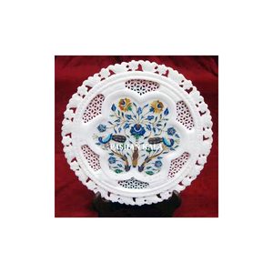 Handmade <b>White</b> Marble Inlay <b>Round</b> Plate With Fine Finished For Hotel And Restaurant Decoration Purpose Supplier In Bulk Quantity - Product Image 4