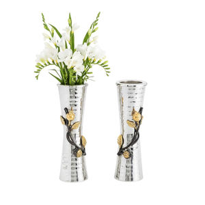 Florero Rectangular de Metal Plateado de Lujo Moderno con Flores de Cerezo Doradas y Adornos de Cristal para Decoración del Hogar y Uso en Mesa - Product Image 2