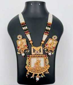 Elegant Gold Plated Pota Stone and <b>Pearl</b> Long <b>Necklace</b> <b>Set</b> Perfect for Indian Weddings Cultural Events and Evening Celebrations - Product Image 1