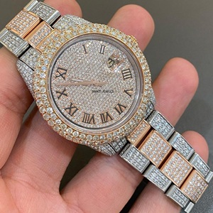 Montre-bracelet de luxe antique bicolore or rose, en acier inoxydable, sertie de moissanite, cadran romain, style hip-hop, avec diamants, bracelet 20 mm, verre - Product Image 3
