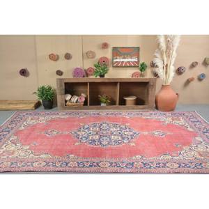 Alfombra turca clásica roja y azul Vintage de 6,7x11 pies, área grande, diseño de retazos rectangulares, lana de algodón orgánico, sala de pasillo de látex - Product Image 1