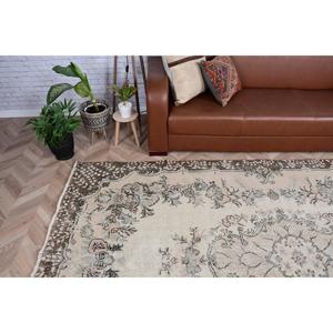 Turkish Rug, 6x9.6 ft Vintage Rug, <b>Brown</b> White Floral <b>Wool</b> Rug - Product Image 2