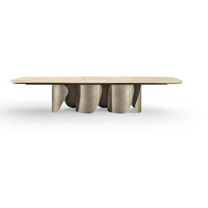 Table à manger moderne Onda XL, design rectangulaire de luxe, bois stable, pierre, contemporaine, assemblée, extensible, résine, pour la maison, l'hôtel - Product Image 1