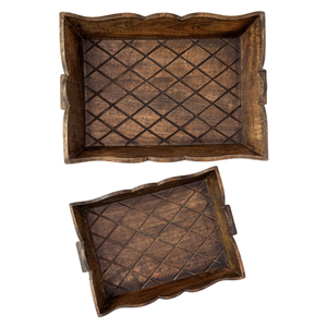 Juego de 2 Bandejas Decorativas de Madera de Mango Marrón Oscuro, Bandejas de Servicio de Madera Talladas a Mano para Mesa de Centro, Otomana o Decoración del Hogar - Product Image 1