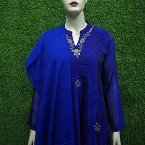 Elegant Anarkali <b>Kurti</b> Set with Divider Palazzo Chinon Dupatta Premium Glass Silk Ethnic Pure Khatali Work <b>Women</b> Royal Blue - Product Image 3
