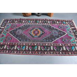 Tapis turc Vintage classique 4.4 X 8.1ft violet noir Patchwork Design fait à la main laine Polyester Latex pour salon couloir Rectangle - Product Image 3