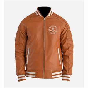 Chaqueta Varsity de cuero marrón y azul para hombre - Product Image 6