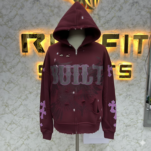 Sweat à capuche zippé pour homme, couleur marron, effet délavé, fermeture éclair intégrale, design à capuche, graphismes imprimés, style streetwear, fabrication en usine - Product Image 1