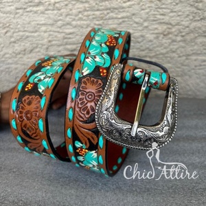 Cinturón floral turquesa para niñas de cuero mecanizado a mano de nueva moda occidental cinturón de hebilla de aleación pintado a mano de cuero genuino personalizado - Product Image 1