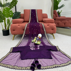 Saree et chemisier brodés en filet à paillettes pour femmes, style bollywood, pour fête - Product Image 4