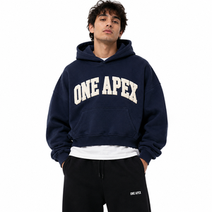 Sweat-shirt à capuche en molleton épais bleu marine surdimensionné avec broderie personnalisée en coton par ONEAPEX - Product Image 5