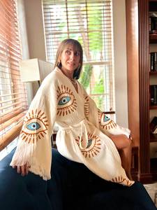 Ropa de salón de verano, Túnica de algodón turco con diseño de mal de ojo, caftán envolvente de playa larga para mujer, ropa Kimono largo - Product Image 2