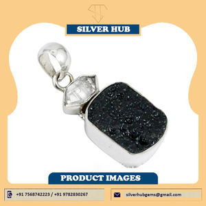 Pendentif en argent sterling 925 fait à la main avec technique de réglage de lunette en argent noir Tektite blanc Herkimer - Product Image 2