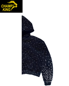 Sweat à capuche noir zippé de luxe pour homme, orné de strass et de diamants, fabriqué par la marque Champ king. - Product Image 2