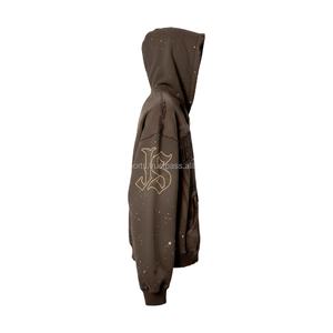 Sudadera con capucha de algodón polar con cremallera para mujer, estilo de calle, acabado desgastado marrón lavado, sudaderas básicas con logotipo bordado impreso personalizado - Product Image 3