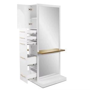 Double Sided Salon Mirror Cabinet <b>White</b> Gold <b>Frame</b> LED Lighted Storage Unit for Hair Salon Studio - Product Image 2